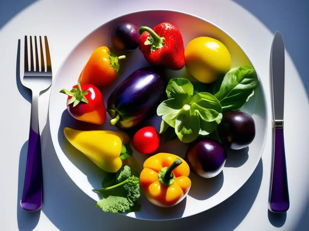 Una vibrante composición de frutas y vegetales frescos en una elegante vajilla blanca. Texturas y colores que evocan la dieta cetogénica y mejoran el paladar.