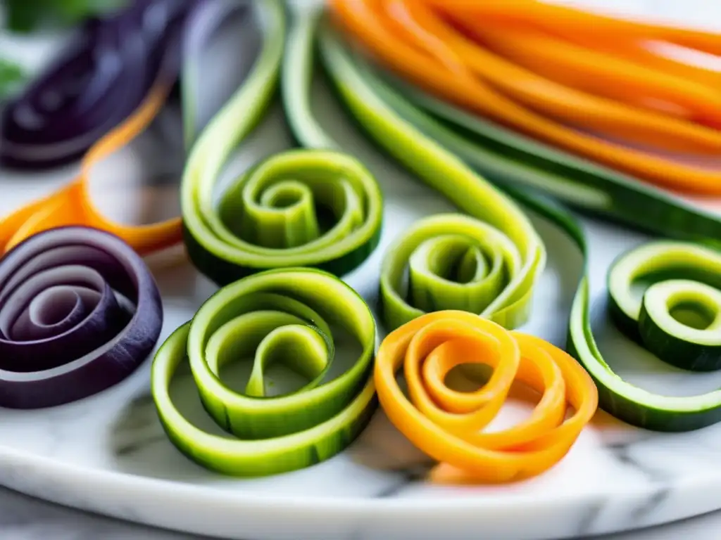 Vibrante espiral de zanahoria, calabacín y batata, alternativas bajas en carbohidratos para pastas cetogénicas, sobre mármol blanco.