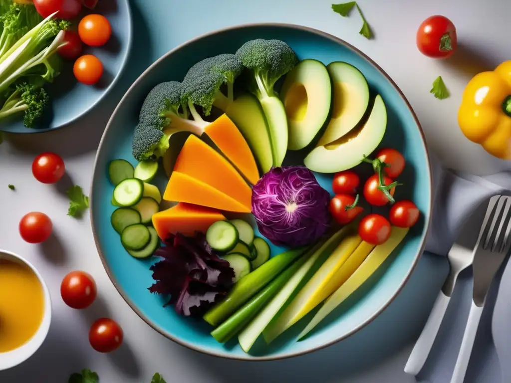 Una vibrante exhibición de alimentos cetogénicos frescos y coloridos en un plato, invitando a explorar la dieta cetogénica para control emocional.