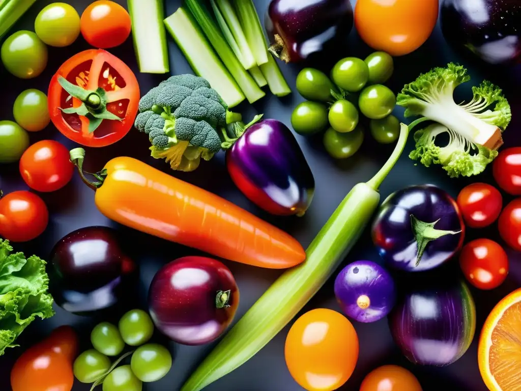 Una vibrante y fresca composición de frutas y verduras, iluminada por el sol, ideal para una dieta cetogénica para controlar diabetes tipo 2.