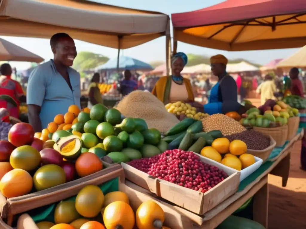 Un vibrante mercado al aire libre en África muestra frutas, verduras y especias coloridas. La escena bulliciosa captura la energía y diversidad de la cultura alimentaria africana, resaltando la rica variedad de ingredientes que se pueden incorporar en una dieta cetogénica. La luz del sol crea un res