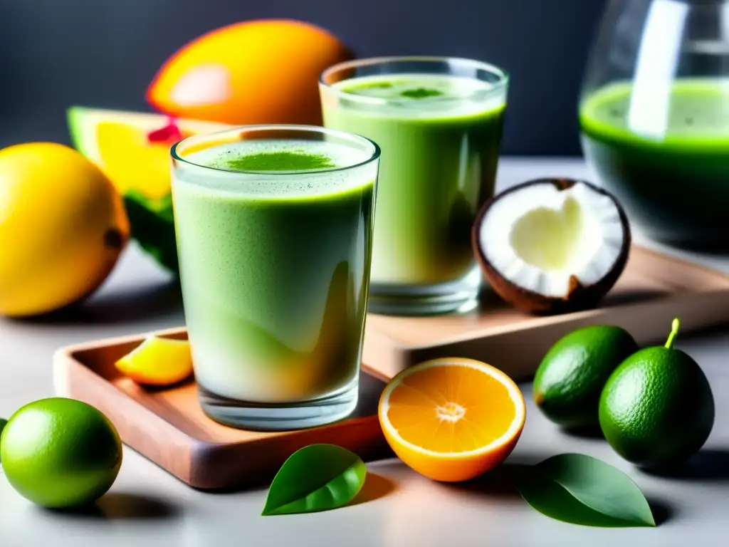 Una vibrante selección de bebidas cetogénicas para mantener cetosis, incluyendo matcha latte con leche de coco, café a prueba de balas y agua infusionada, presentadas de forma artística en una mesa minimalista con ingredientes frescos y cristalería contemporánea. La luz natural realza los colores y text