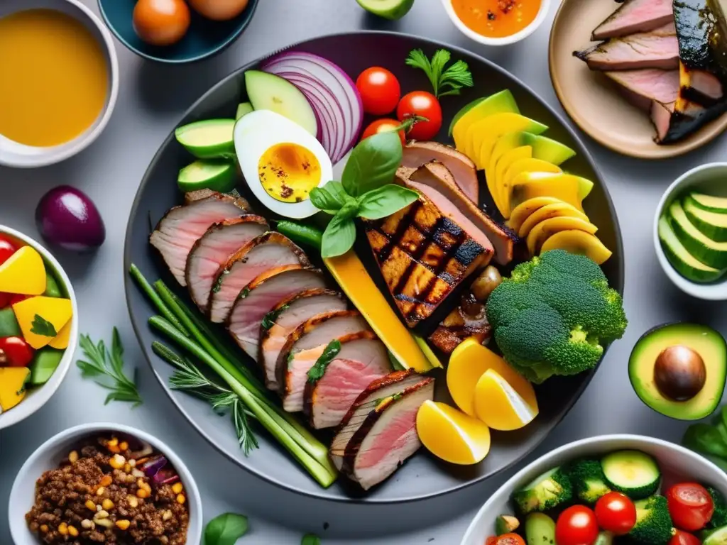 Una vista detallada de hermosos platos de comida cetogénica vida familiar, con colores vibrantes y una presentación artística.