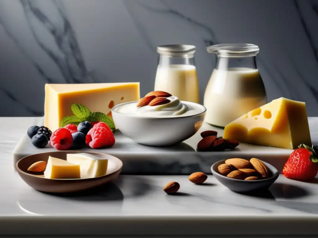 Top productos lácteos keto en cocina moderna Una vista de cerca de productos lácteos cetogénicos innovadores, como yogur griego, queso, mantequilla y leche de almendras, presentados elegantemente en una tabla de mármol con bayas frescas, nueces y semillas a su alrededor. El diseño de los envases es moderno y